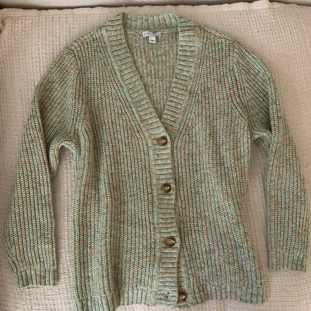 Vintage Susan Graver Rainbow Speckled Knit Cardigan Sweater XL Top Ribbed Cozy